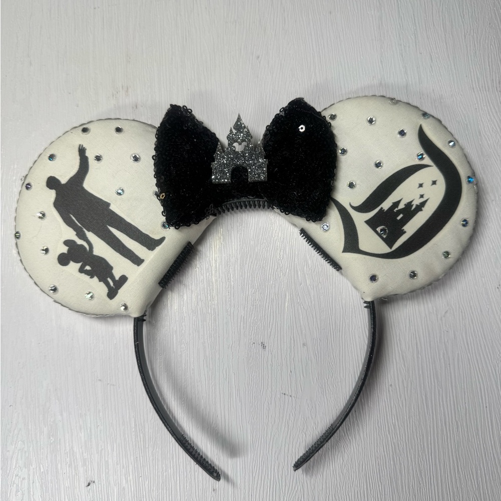 White and Black Mickey Ear Headband with Castle Accent